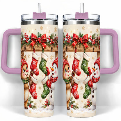 #pl[40oz|Pink] Reindeer Snowman 40oz Tumbler with Handle, Christmas Travel Cup