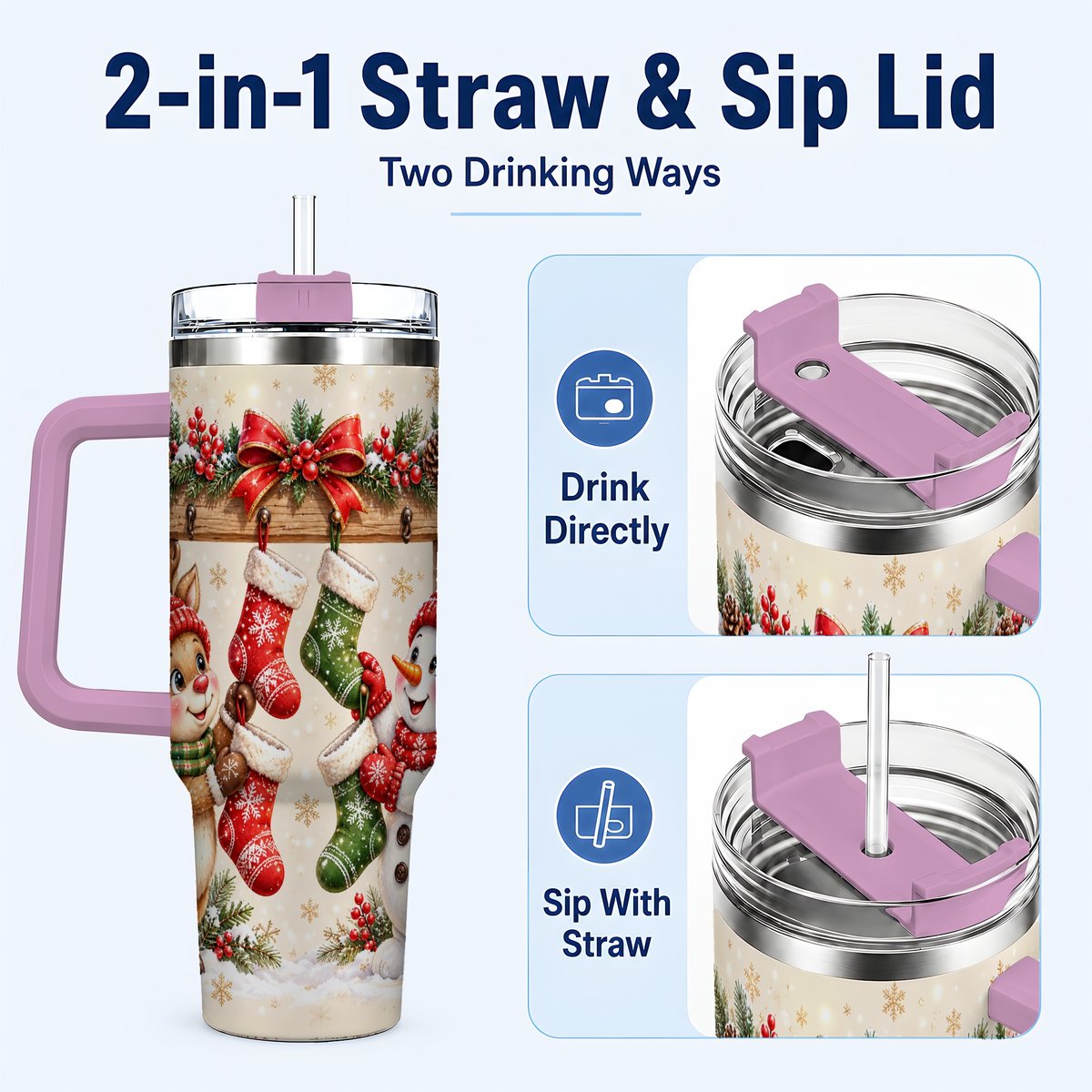 #pl[40oz|Pink] Reindeer Snowman 40oz Tumbler with Handle, Christmas Travel Cup
