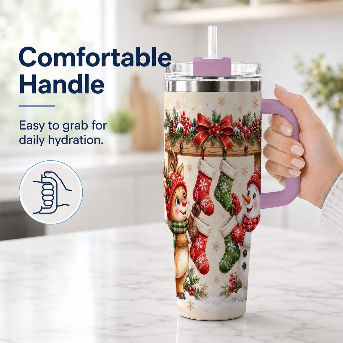 #pl[40oz|Pink] Reindeer Snowman 40oz Tumbler with Handle, Christmas Travel Cup