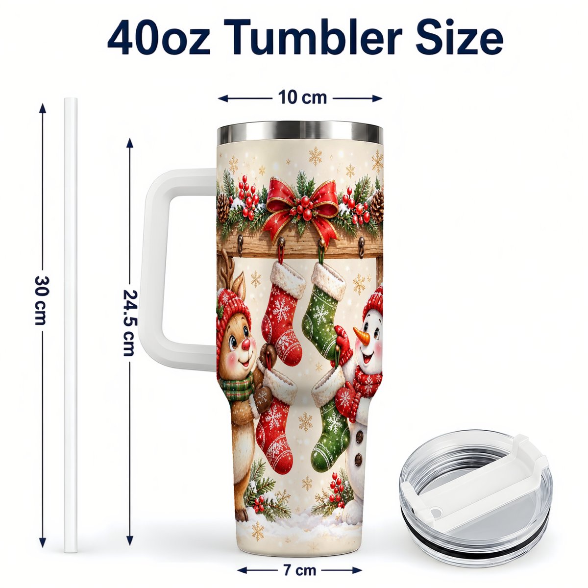 #pl[40oz|White] Reindeer Snowman 40oz Tumbler with Handle, Christmas Travel Cup