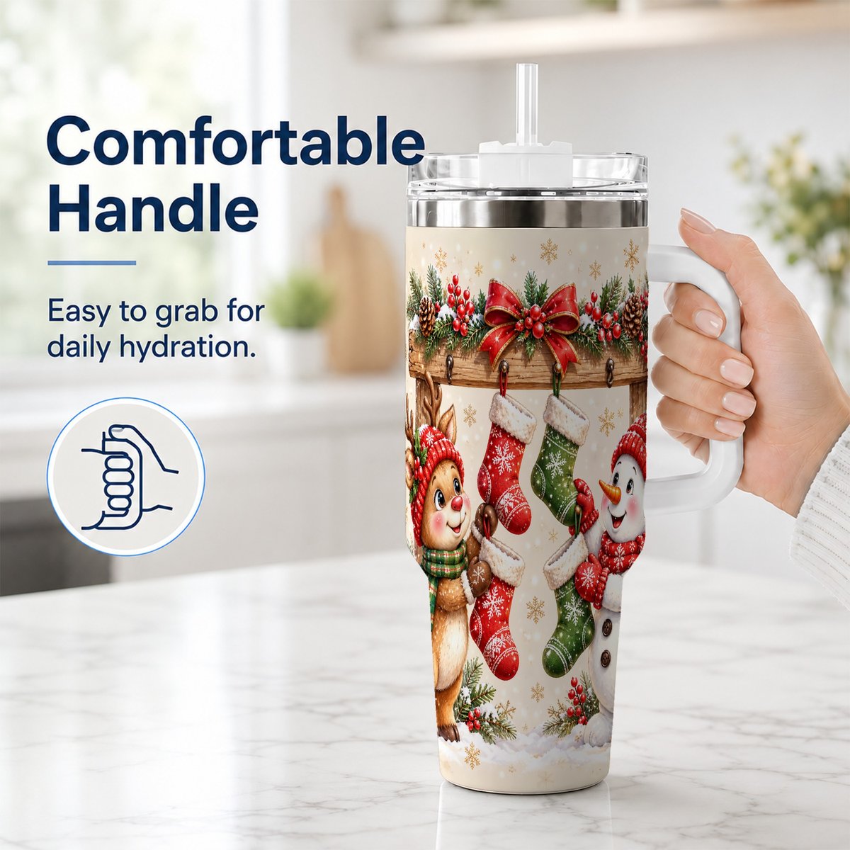 #pl[40oz|White] Reindeer Snowman 40oz Tumbler with Handle, Christmas Travel Cup
