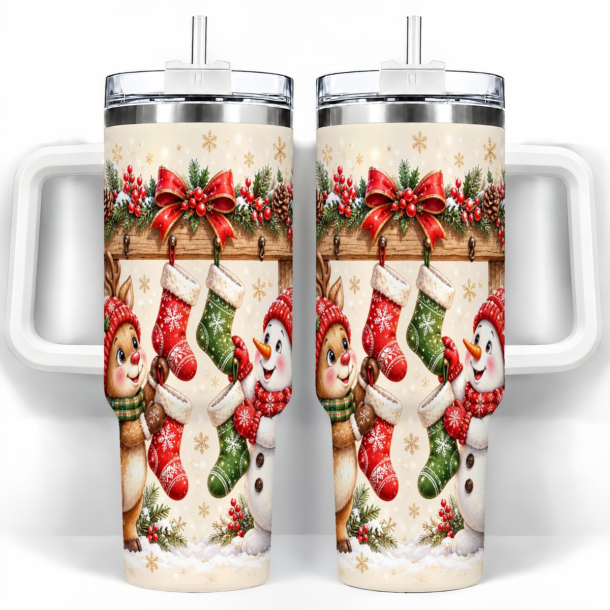 Reindeer Snowman 40oz Tumbler with Handle, Christmas Travel Cup