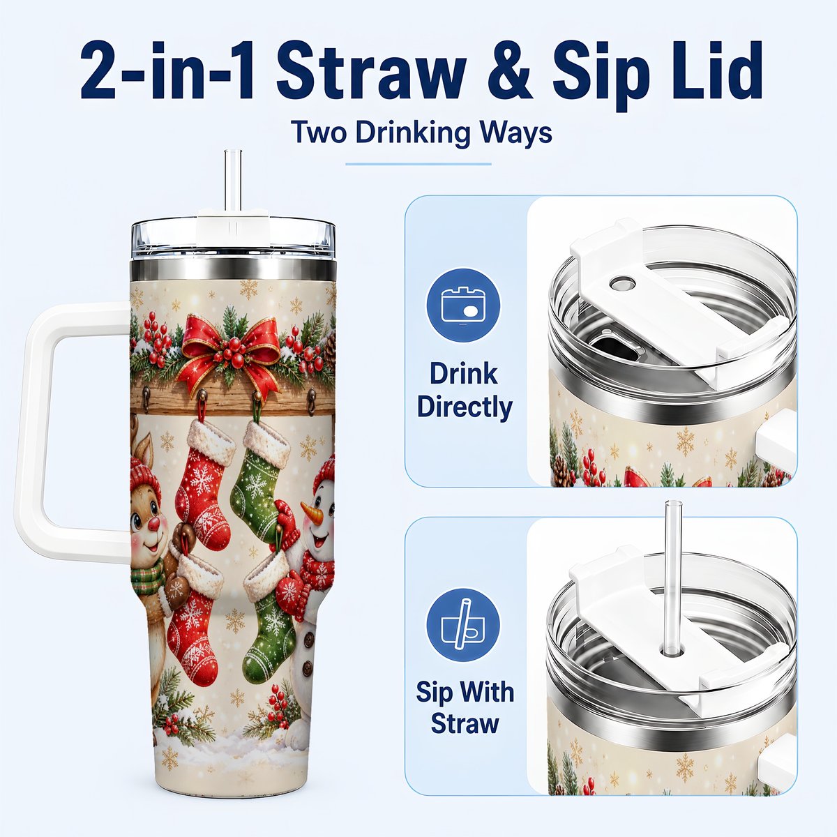 #pl[40oz|White] Reindeer Snowman 40oz Tumbler with Handle, Christmas Travel Cup