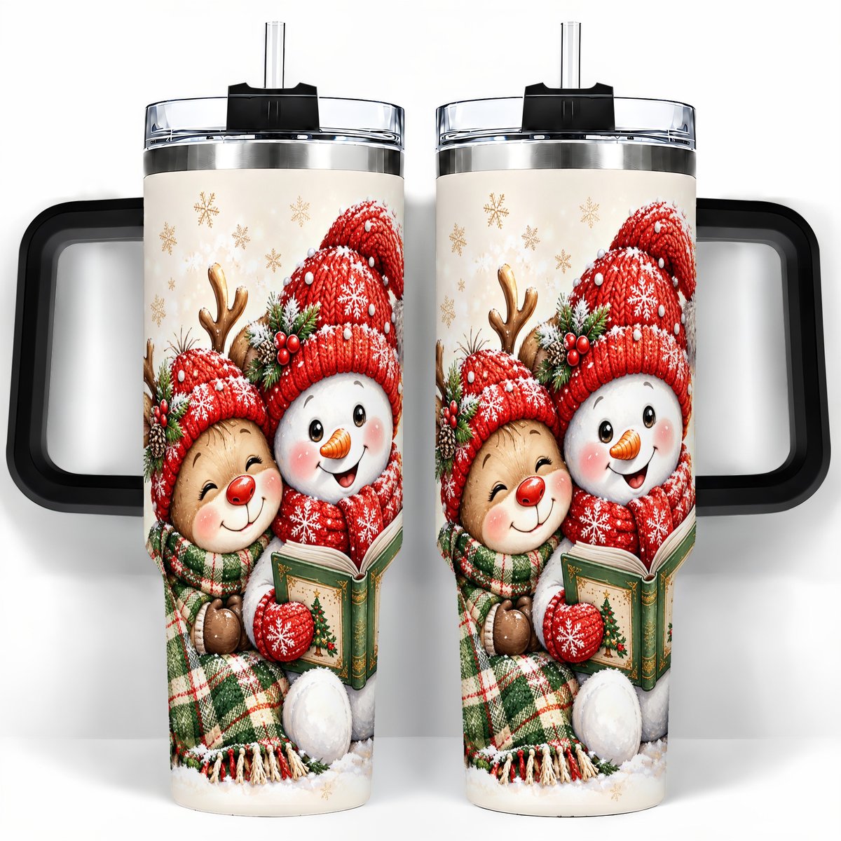 #pl[40oz|Black] Winter Storybook Friends 40oz Tumbler with Handle, Holiday Travel Cup