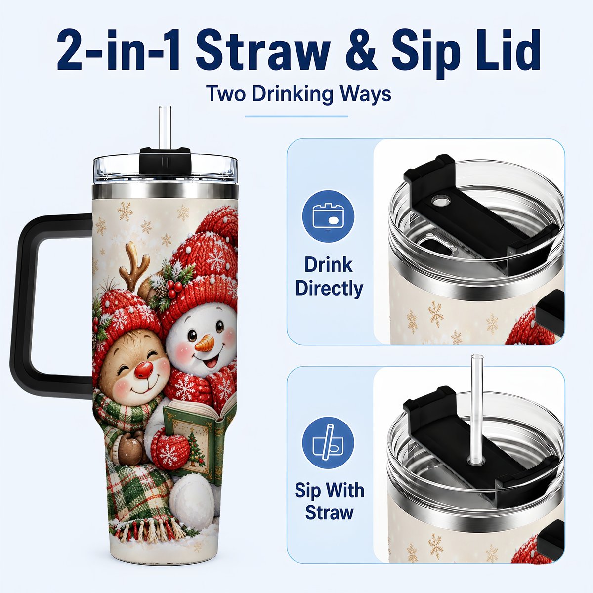 #pl[40oz|Black] Winter Storybook Friends 40oz Tumbler with Handle, Holiday Travel Cup