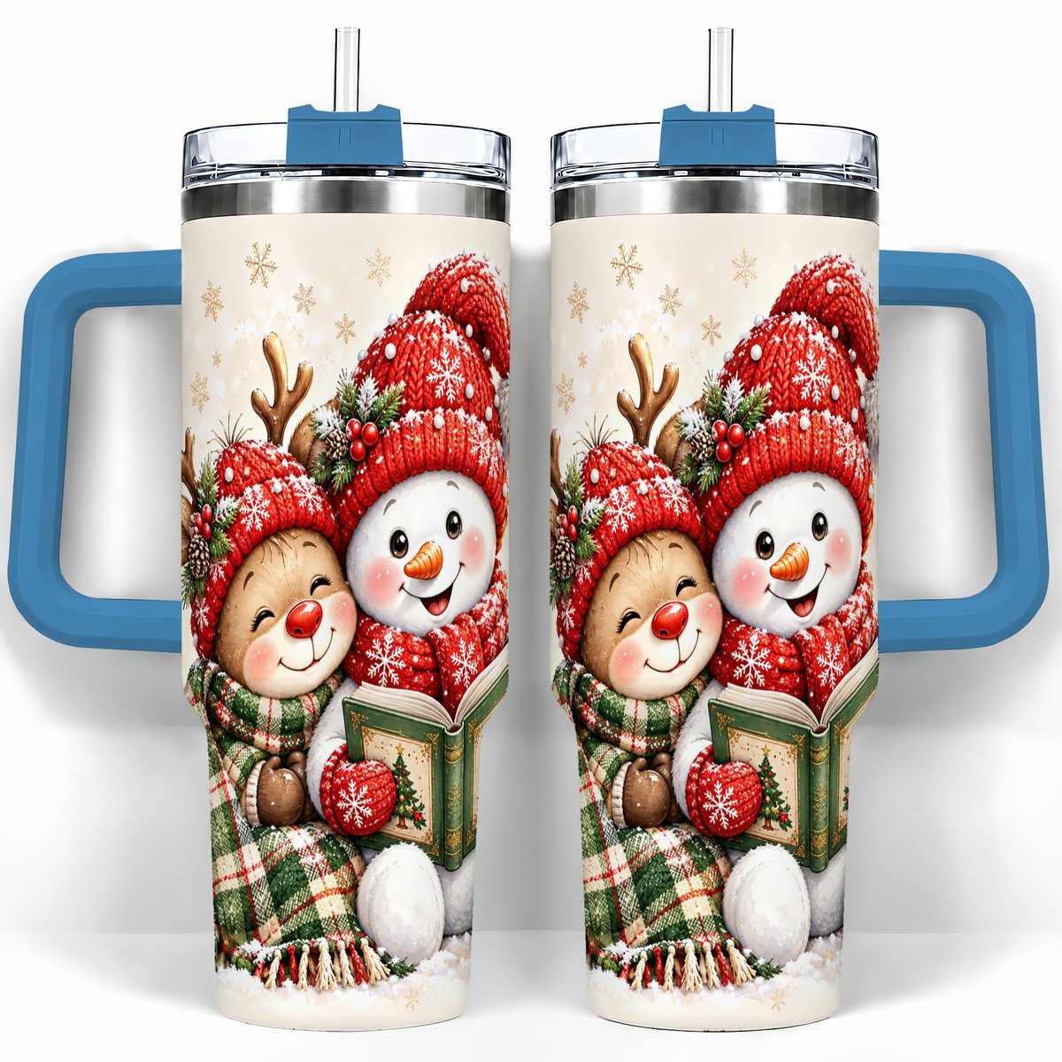 #pl[40oz|Blue] Winter Storybook Friends 40oz Tumbler with Handle, Holiday Travel Cup
