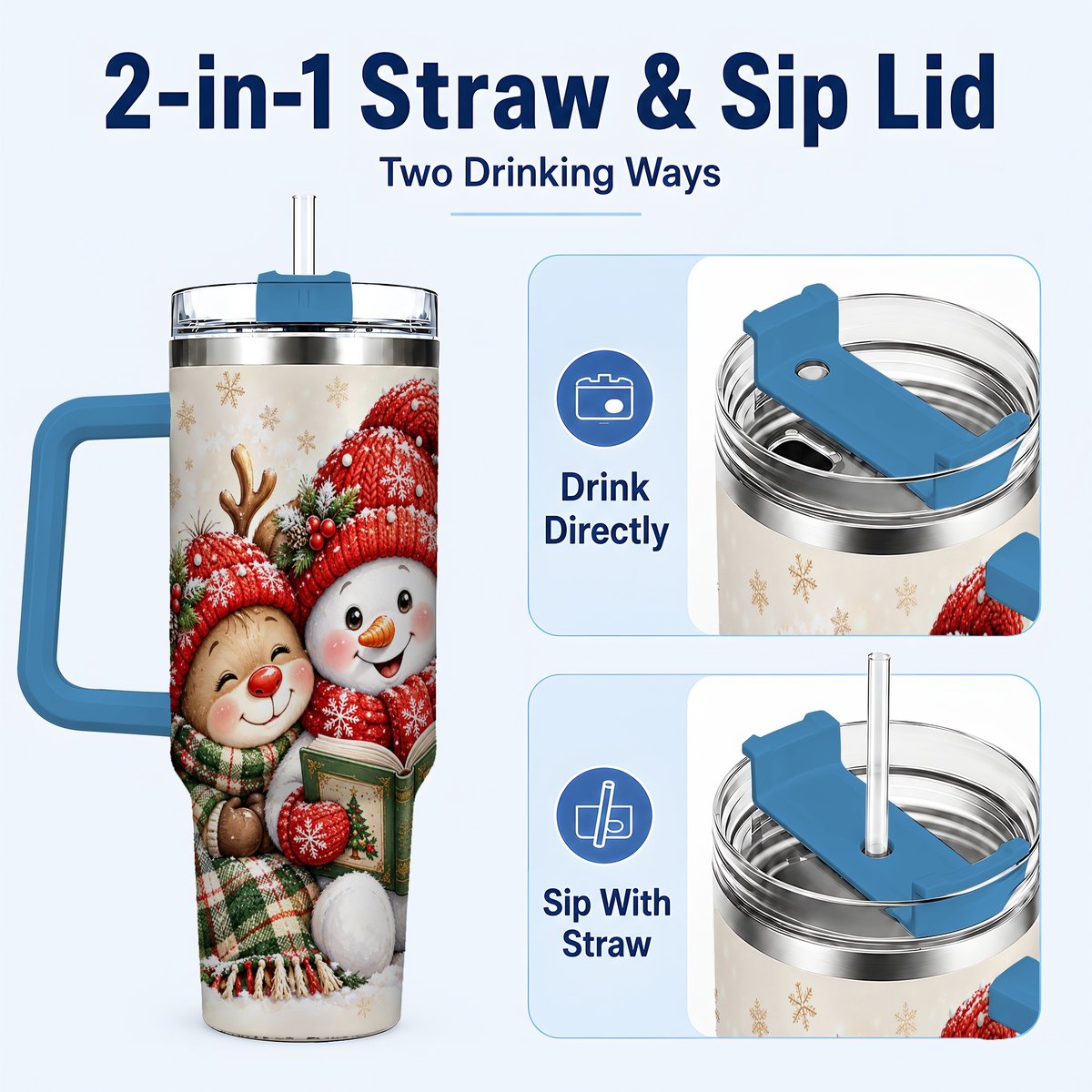 #pl[40oz|Blue] Winter Storybook Friends 40oz Tumbler with Handle, Holiday Travel Cup