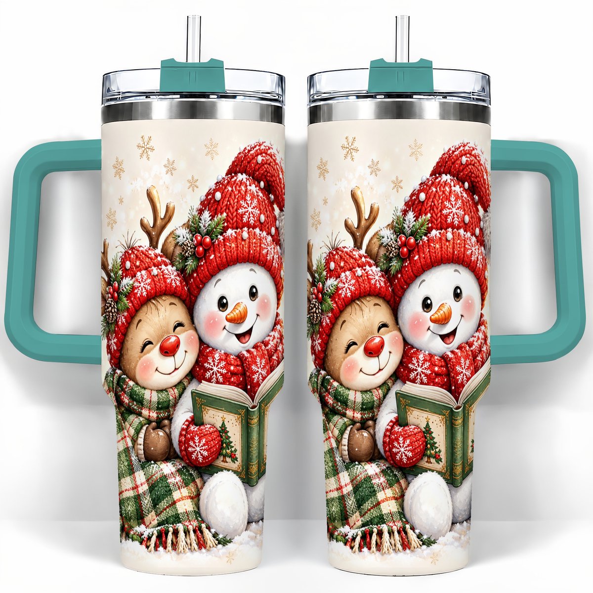 #pl[40oz|Green] Winter Storybook Friends 40oz Tumbler with Handle, Holiday Travel Cup