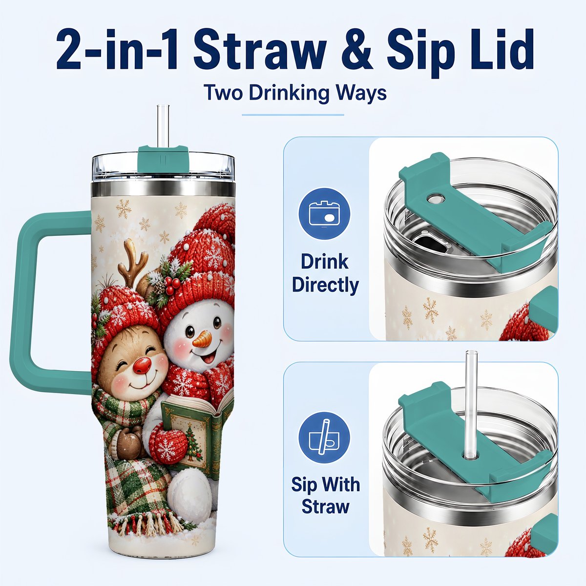 #pl[40oz|Green] Winter Storybook Friends 40oz Tumbler with Handle, Holiday Travel Cup