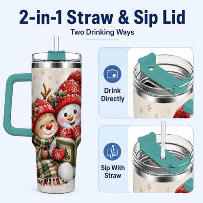#pl[40oz|Green] Winter Storybook Friends 40oz Tumbler with Handle, Holiday Travel Cup