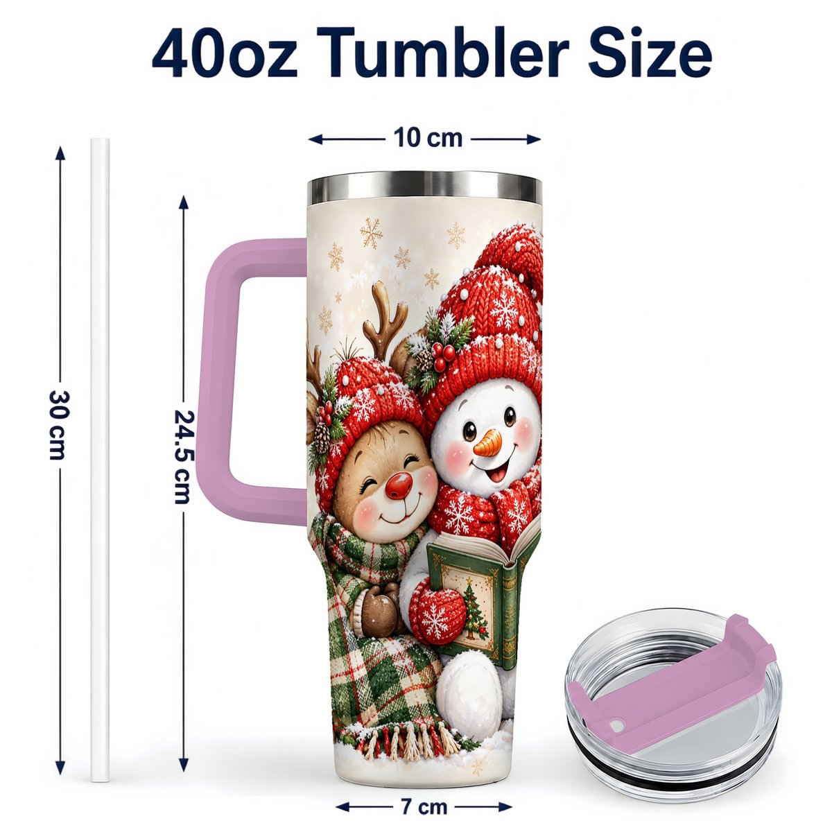 #pl[40oz|Pink] Winter Storybook Friends 40oz Tumbler with Handle, Holiday Travel Cup