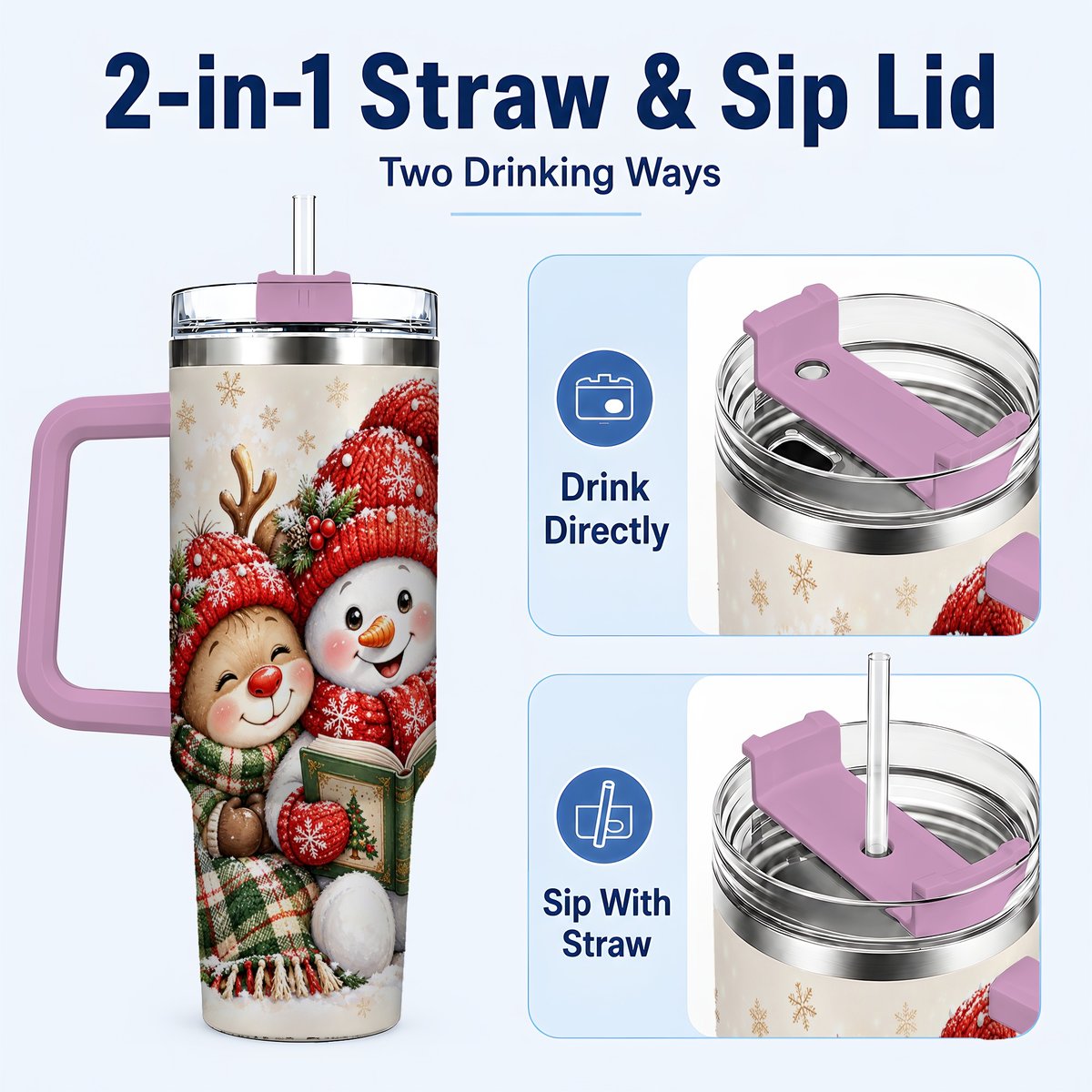 #pl[40oz|Pink] Winter Storybook Friends 40oz Tumbler with Handle, Holiday Travel Cup