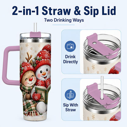 #pl[40oz|Pink] Winter Storybook Friends 40oz Tumbler with Handle, Holiday Travel Cup