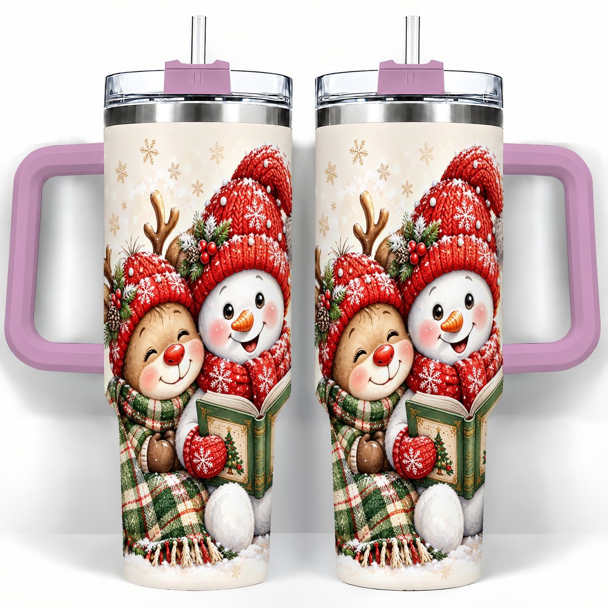 #pl[40oz|Pink] Winter Storybook Friends 40oz Tumbler with Handle, Holiday Travel Cup