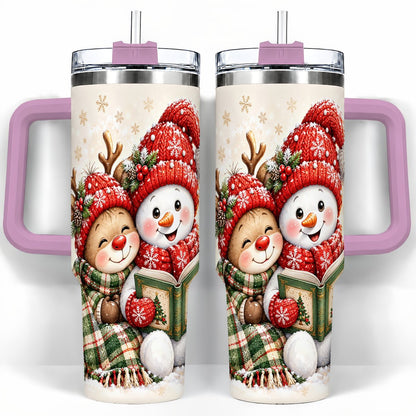 #pl[40oz|Pink] Winter Storybook Friends 40oz Tumbler with Handle, Holiday Travel Cup