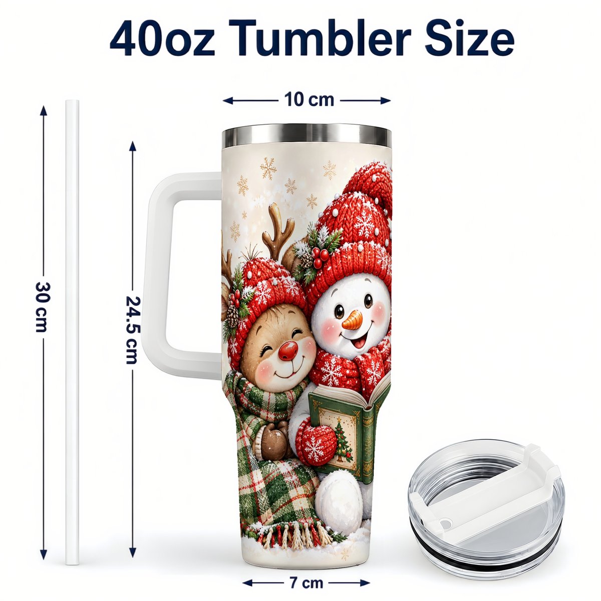 #pl[40oz|White] Winter Storybook Friends 40oz Tumbler with Handle, Holiday Travel Cup