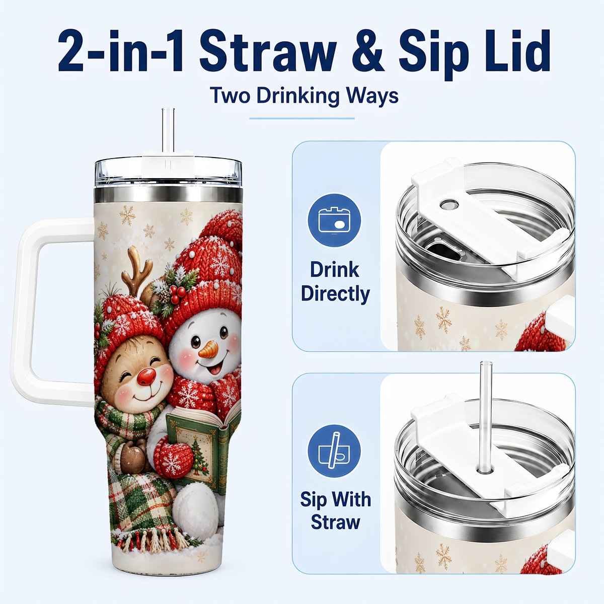 #pl[40oz|White] Winter Storybook Friends 40oz Tumbler with Handle, Holiday Travel Cup