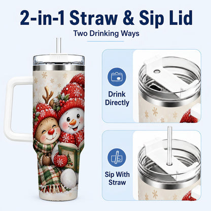 #pl[40oz|White] Winter Storybook Friends 40oz Tumbler with Handle, Holiday Travel Cup