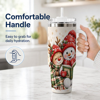 #pl[40oz|White] Winter Storybook Friends 40oz Tumbler with Handle, Holiday Travel Cup