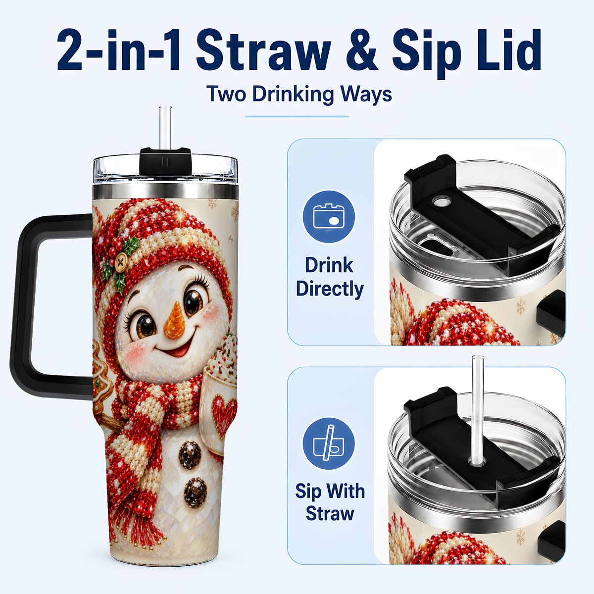 #pl[40oz|Black] Hot Cocoa Snowman 40oz Tumbler with Handle, Christmas Travel Cup