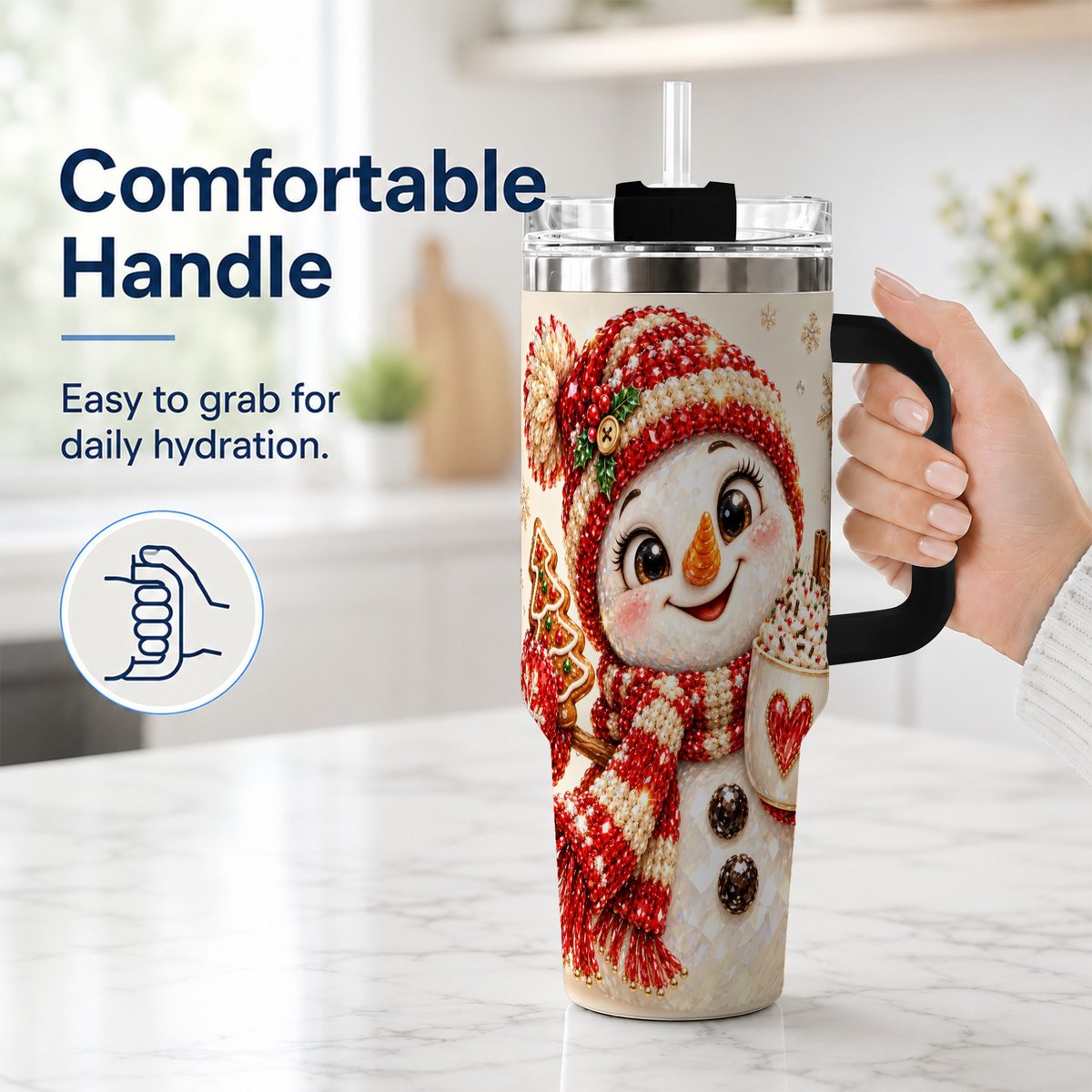 #pl[40oz|Black] Hot Cocoa Snowman 40oz Tumbler with Handle, Christmas Travel Cup
