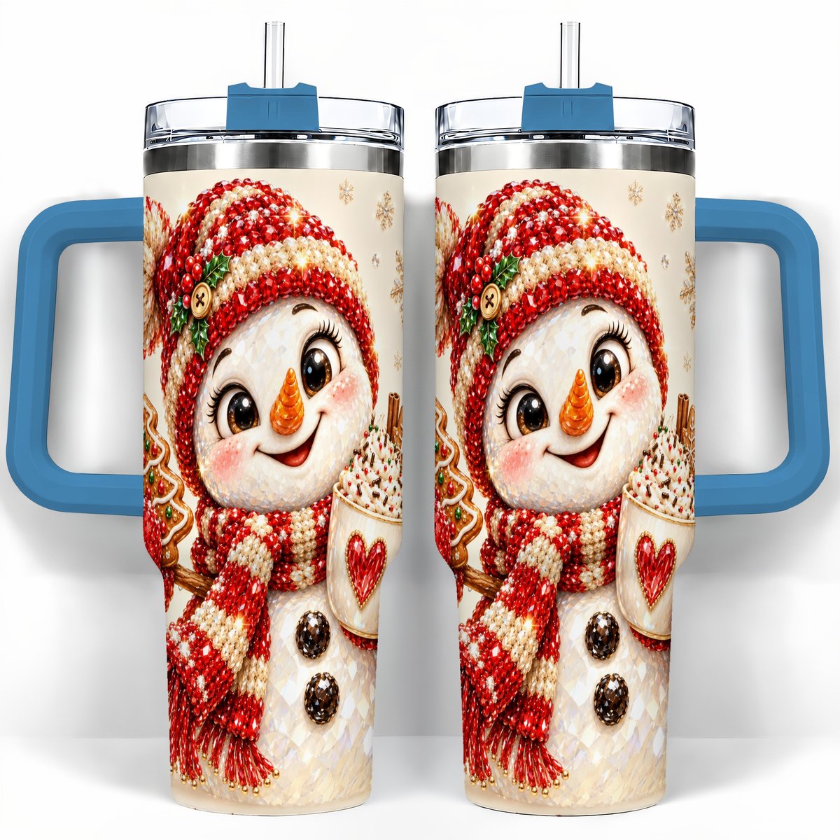 #pl[40oz|Blue] Hot Cocoa Snowman 40oz Tumbler with Handle, Christmas Travel Cup