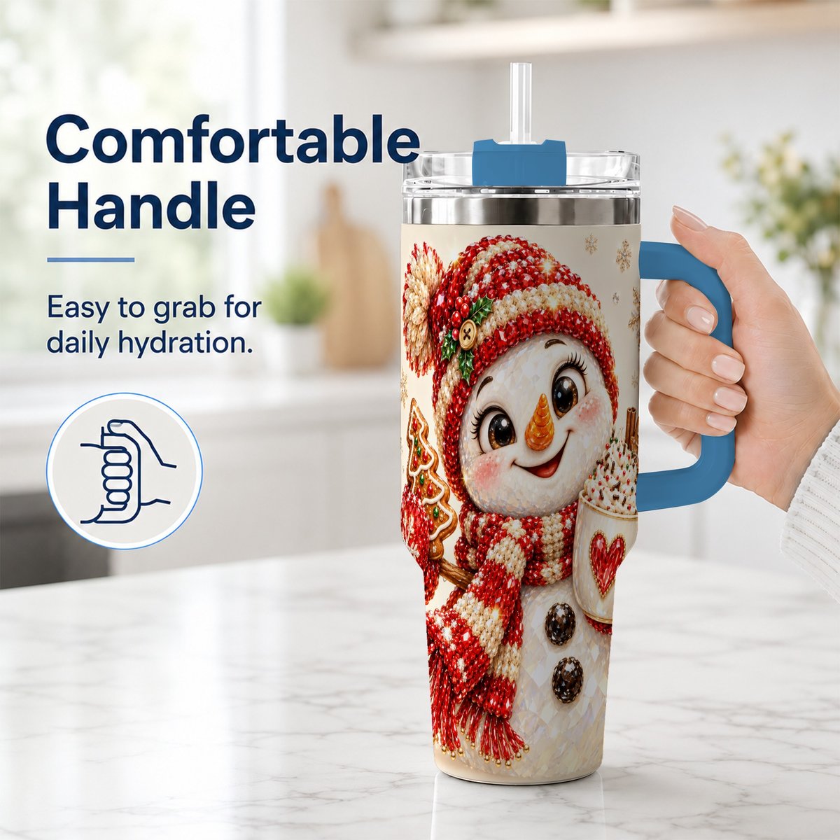 #pl[40oz|Blue] Hot Cocoa Snowman 40oz Tumbler with Handle, Christmas Travel Cup