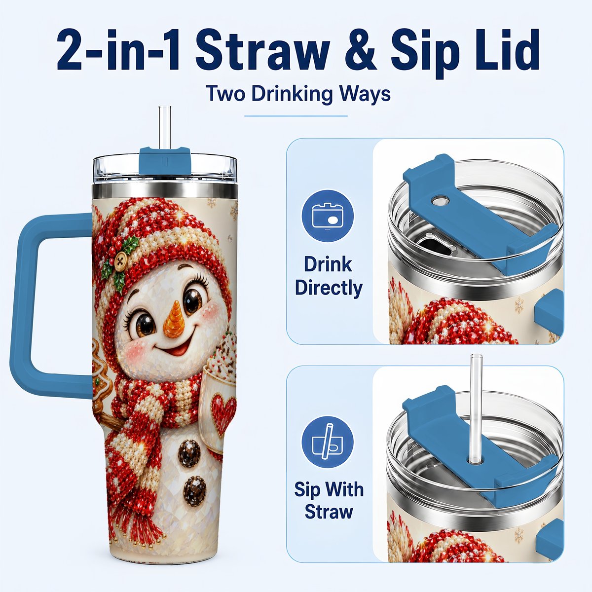 #pl[40oz|Blue] Hot Cocoa Snowman 40oz Tumbler with Handle, Christmas Travel Cup