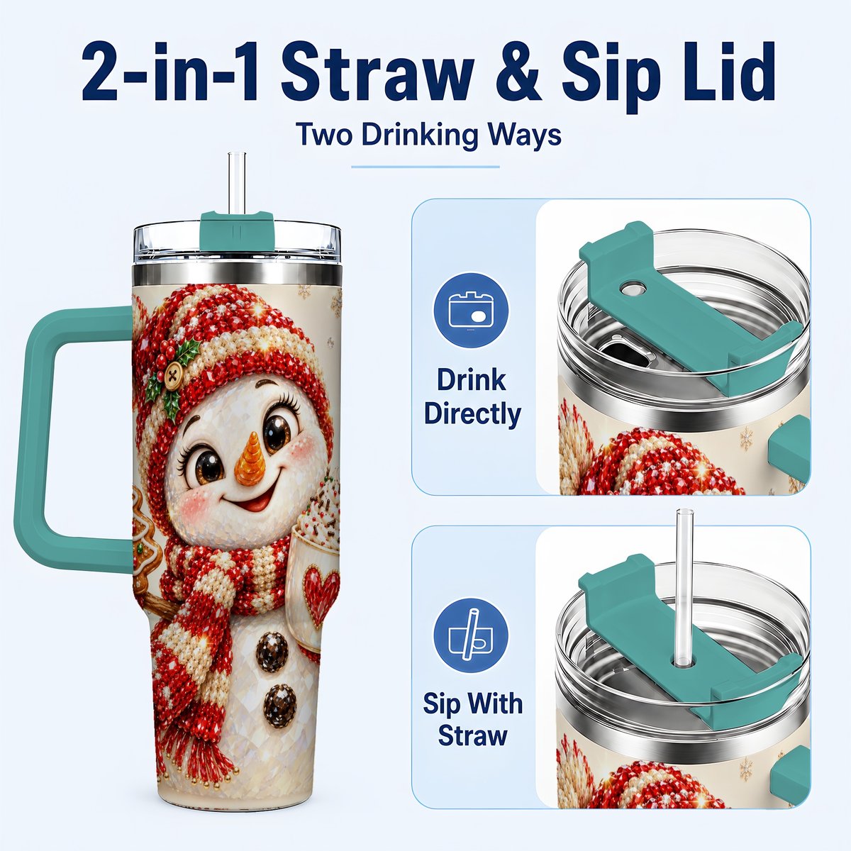 #pl[40oz|Green] Hot Cocoa Snowman 40oz Tumbler with Handle, Christmas Travel Cup