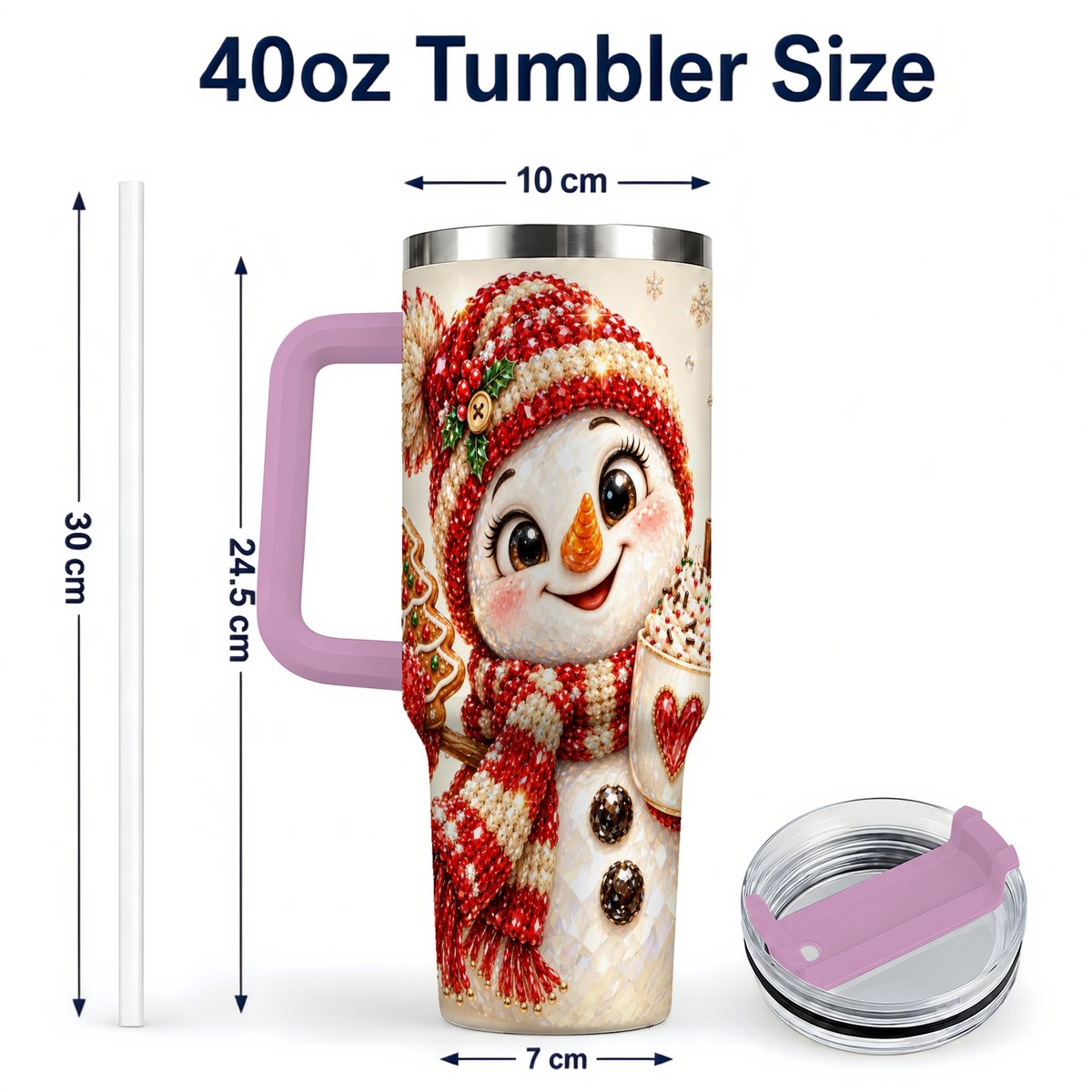 #pl[40oz|Pink] Hot Cocoa Snowman 40oz Tumbler with Handle, Christmas Travel Cup