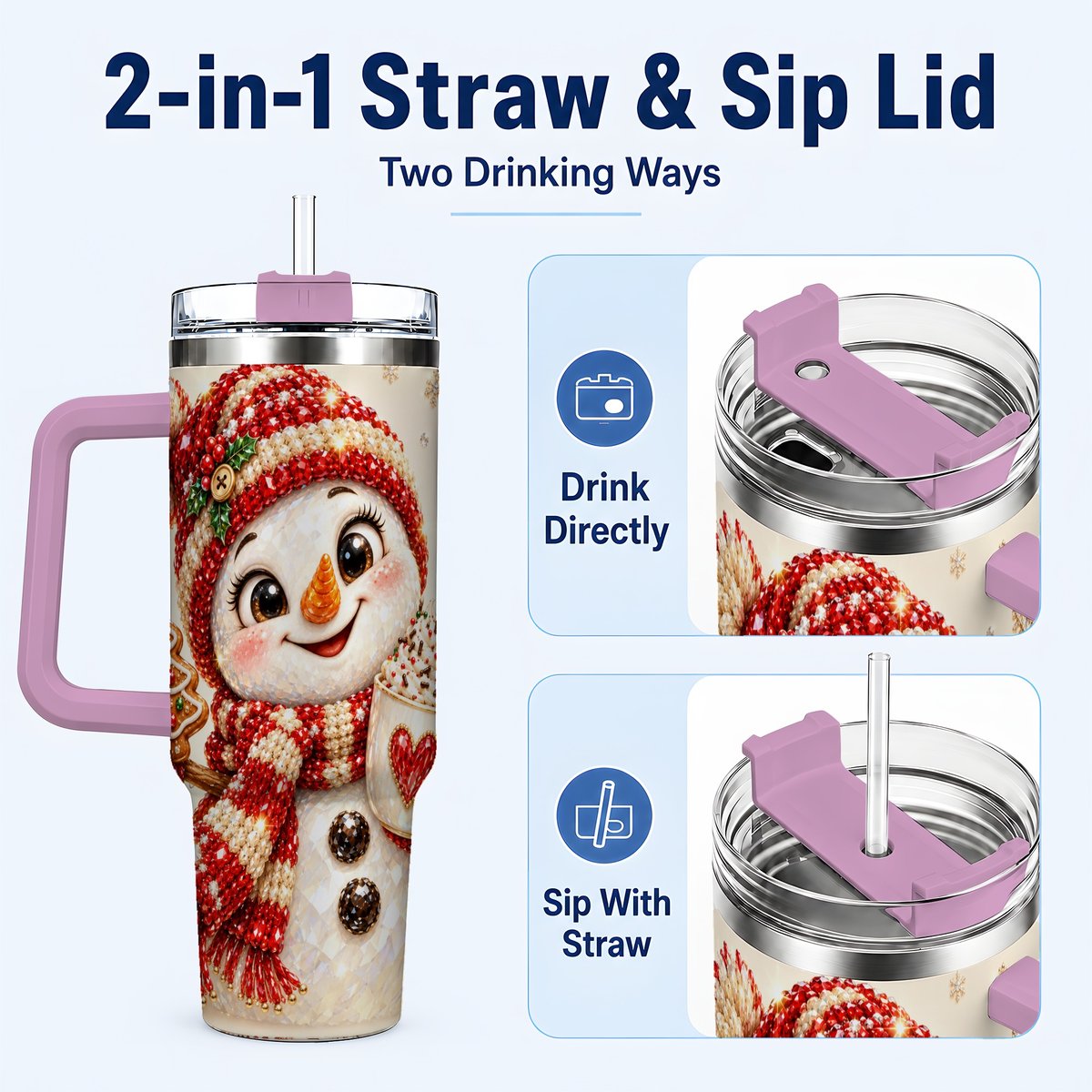 #pl[40oz|Pink] Hot Cocoa Snowman 40oz Tumbler with Handle, Christmas Travel Cup