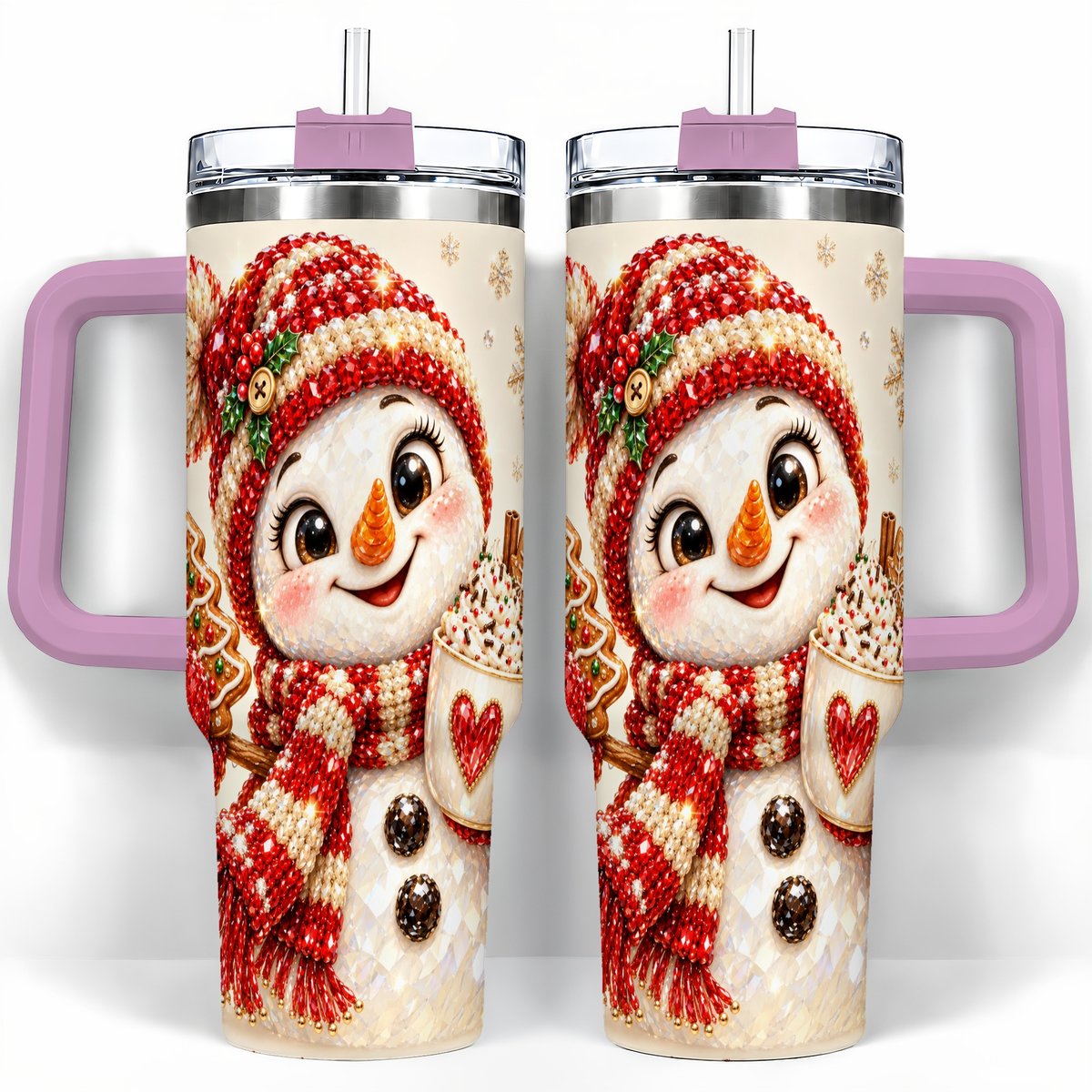 #pl[40oz|Pink] Hot Cocoa Snowman 40oz Tumbler with Handle, Christmas Travel Cup