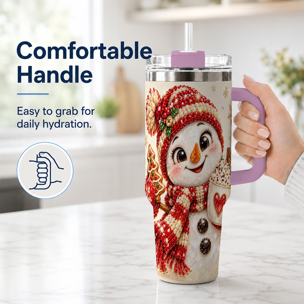 #pl[40oz|Pink] Hot Cocoa Snowman 40oz Tumbler with Handle, Christmas Travel Cup