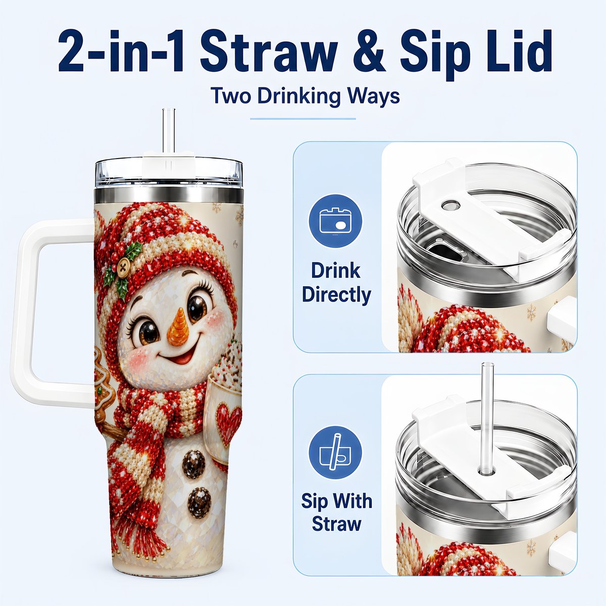 #pl[40oz|White] Hot Cocoa Snowman 40oz Tumbler with Handle, Christmas Travel Cup
