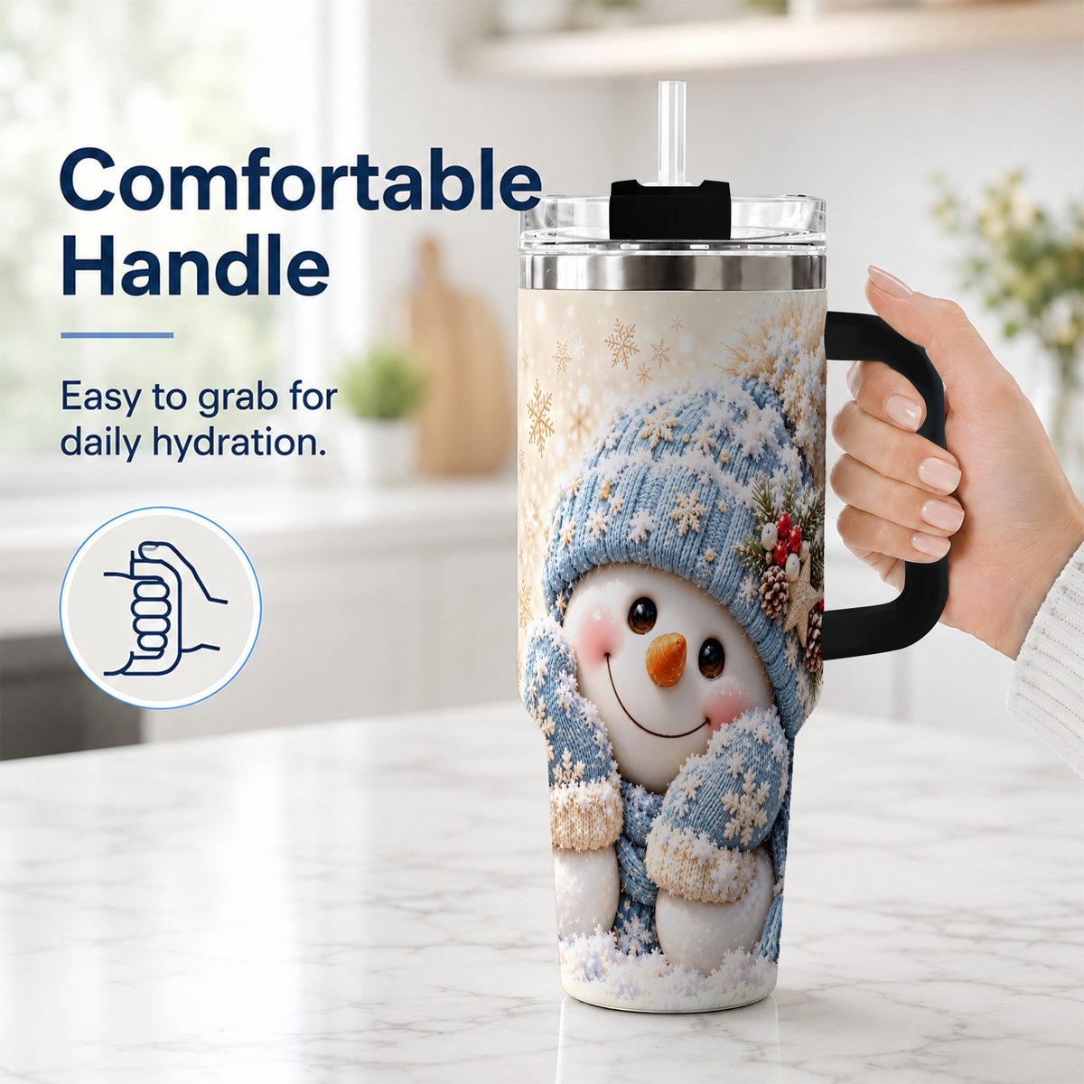 #pl[40oz|Black] Cute Snowman 40oz Tumbler with Handle, Winter Travel Cup for Women