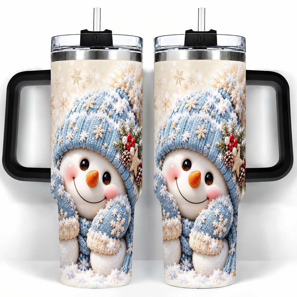 #pl[40oz|Black] Cute Snowman 40oz Tumbler with Handle, Winter Travel Cup for Women