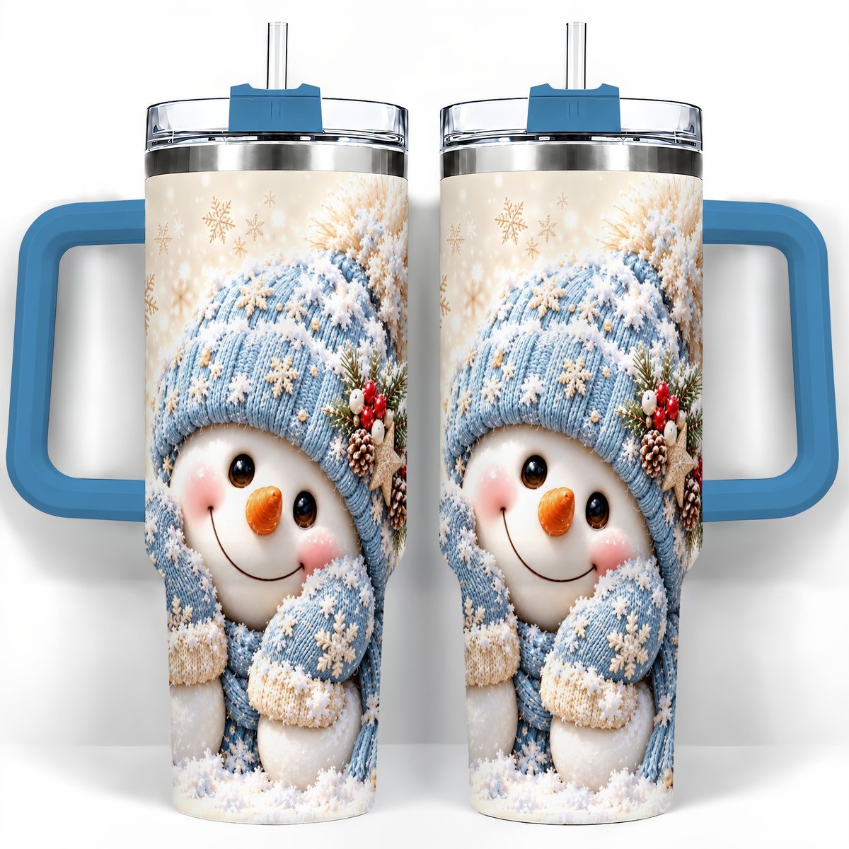 #pl[40oz|Blue] Cute Snowman 40oz Tumbler with Handle, Winter Travel Cup for Women