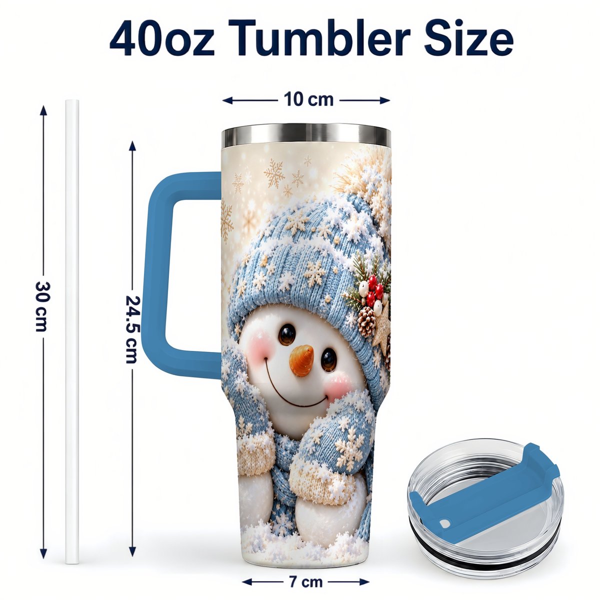 #pl[40oz|Blue] Cute Snowman 40oz Tumbler with Handle, Winter Travel Cup for Women