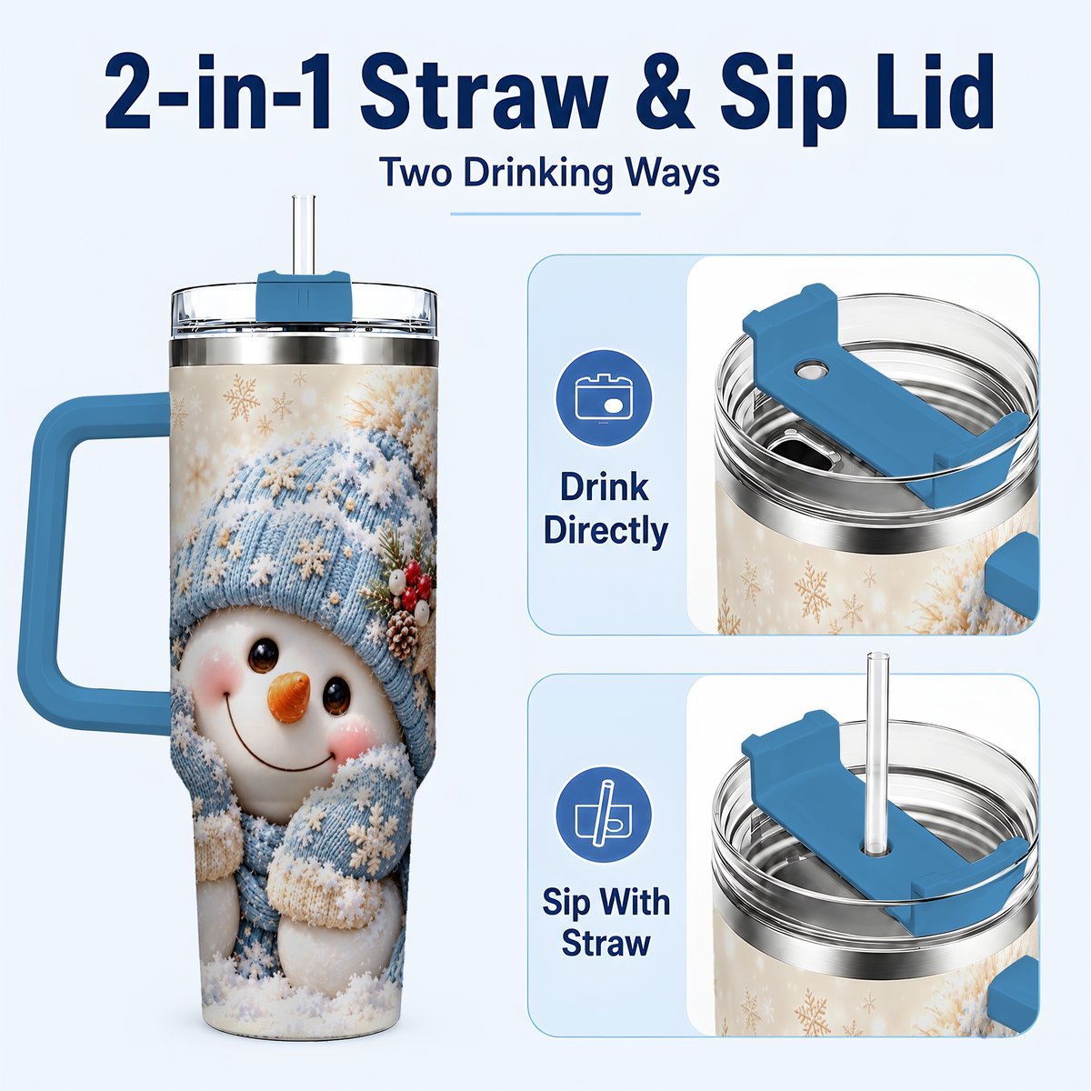 #pl[40oz|Blue] Cute Snowman 40oz Tumbler with Handle, Winter Travel Cup for Women