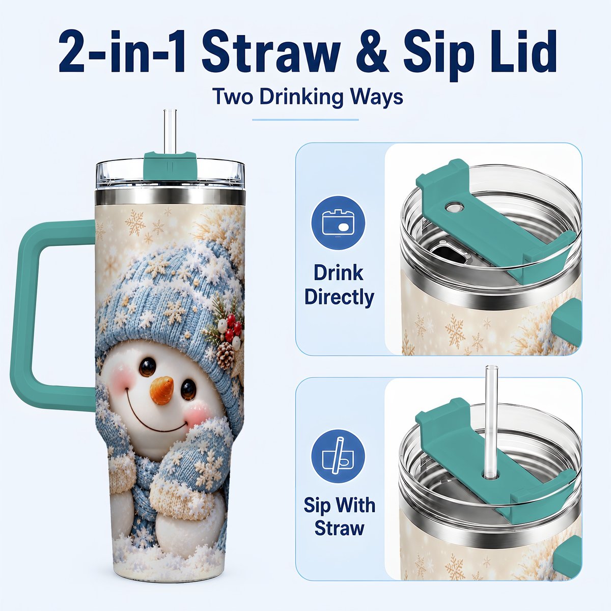 #pl[40oz|Green] Cute Snowman 40oz Tumbler with Handle, Winter Travel Cup for Women