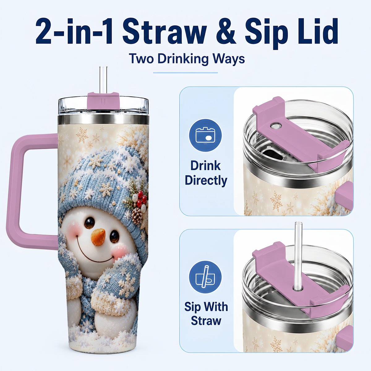 #pl[40oz|Pink] Cute Snowman 40oz Tumbler with Handle, Winter Travel Cup for Women