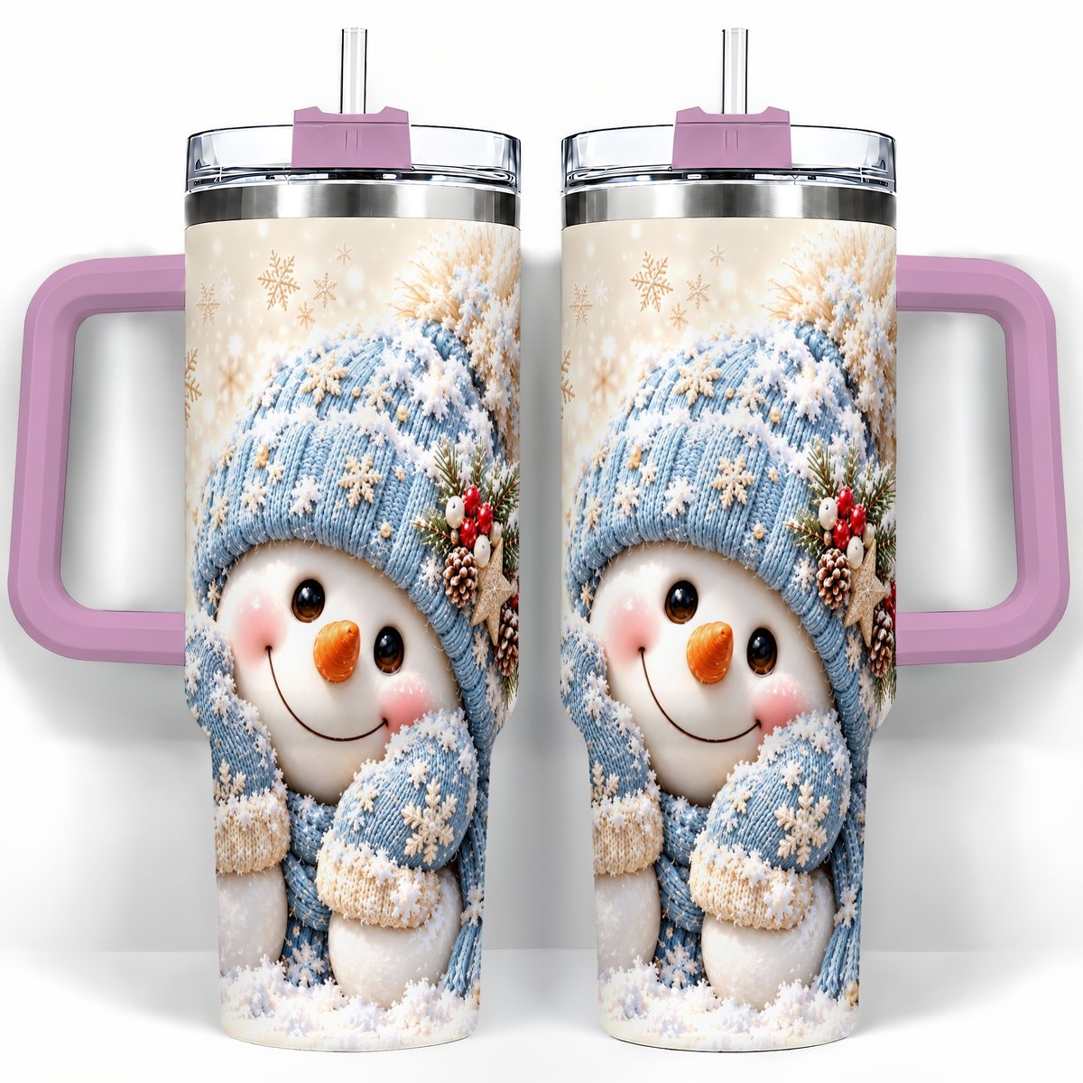 #pl[40oz|Pink] Cute Snowman 40oz Tumbler with Handle, Winter Travel Cup for Women