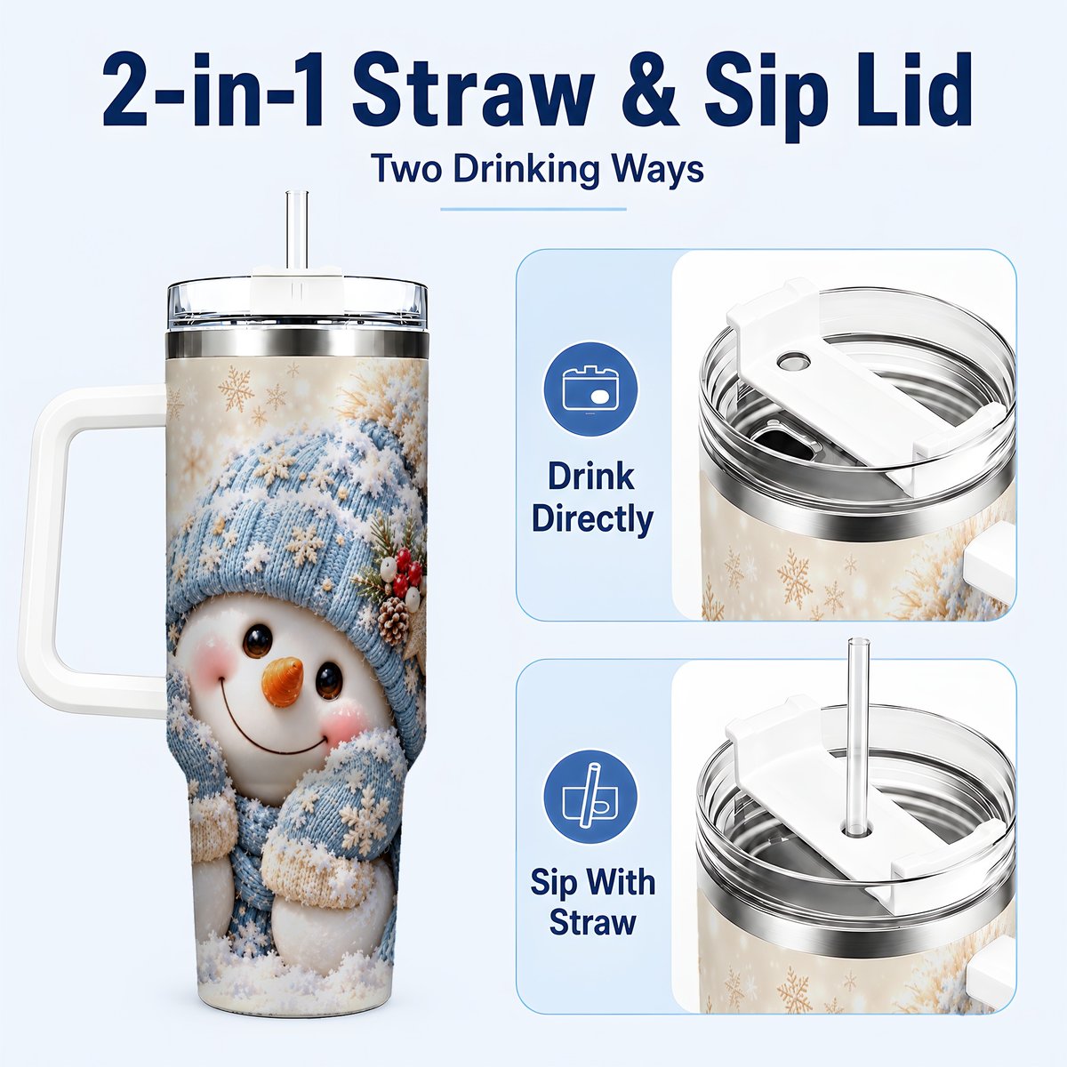 #pl[40oz|White] Cute Snowman 40oz Tumbler with Handle, Winter Travel Cup for Women