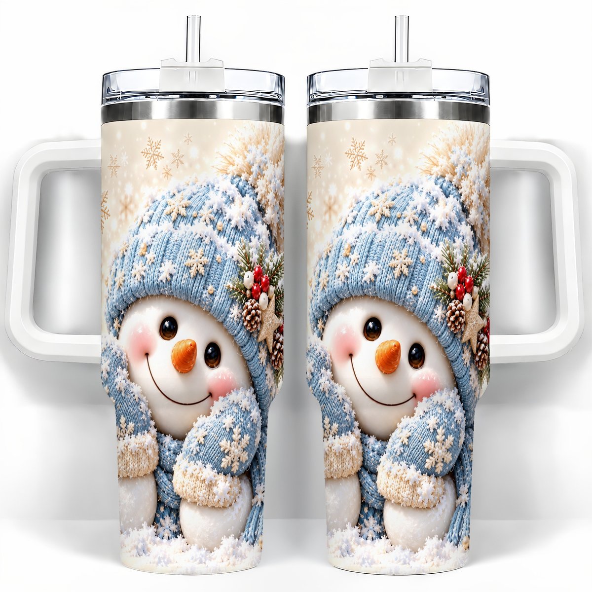 Cute Snowman 40oz Tumbler with Handle, Winter Travel Cup for Women