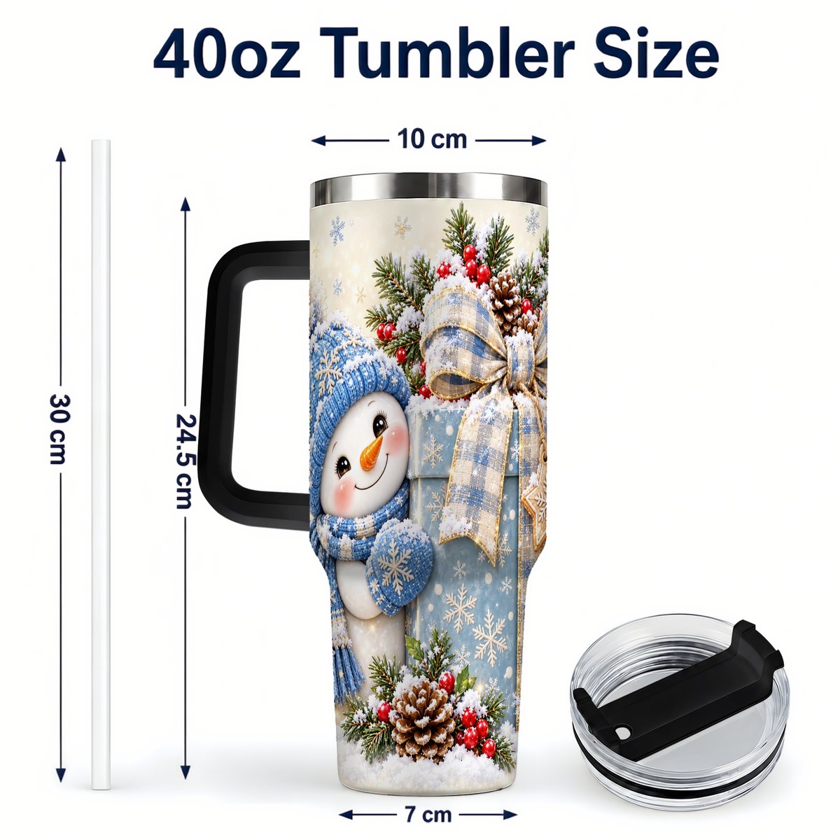 #pl[40oz|Black] Christmas Snowman 40oz Tumbler with Handle, Holiday Cup for Women