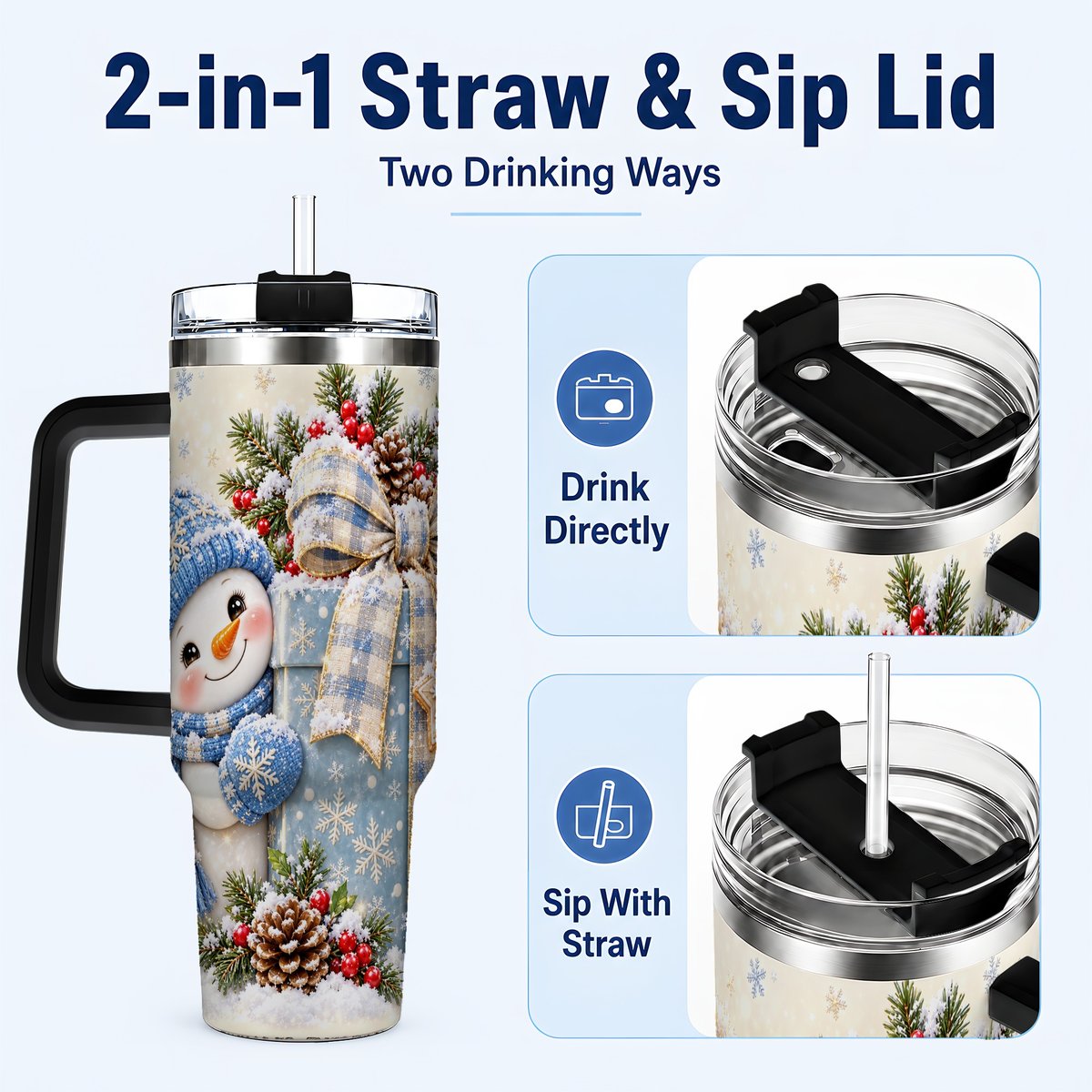 #pl[40oz|Black] Christmas Snowman 40oz Tumbler with Handle, Holiday Cup for Women