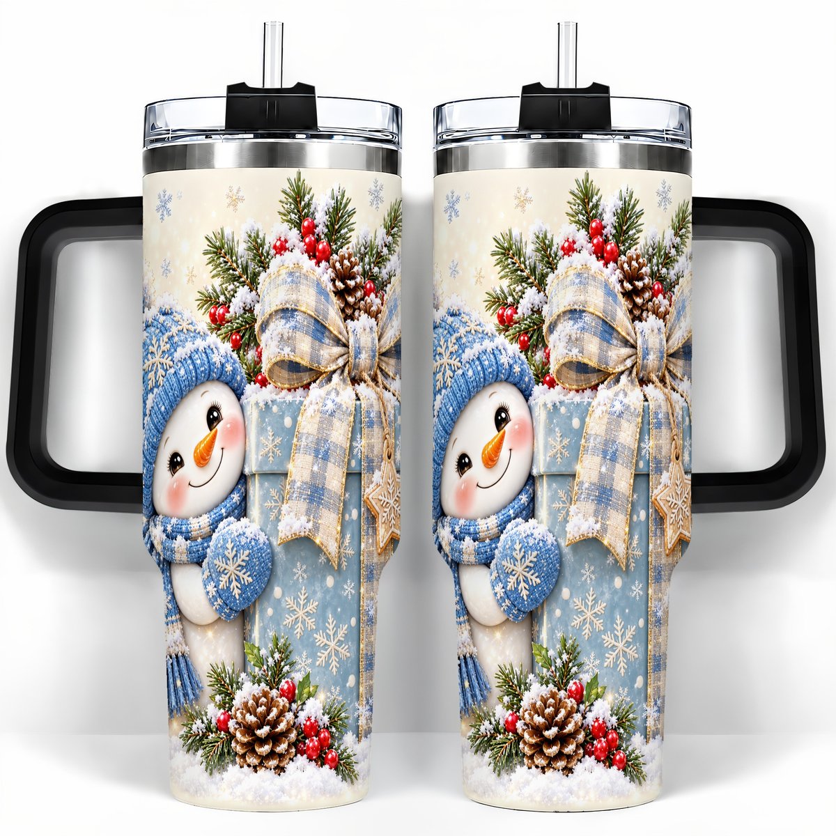 #pl[40oz|Black] Christmas Snowman 40oz Tumbler with Handle, Holiday Cup for Women