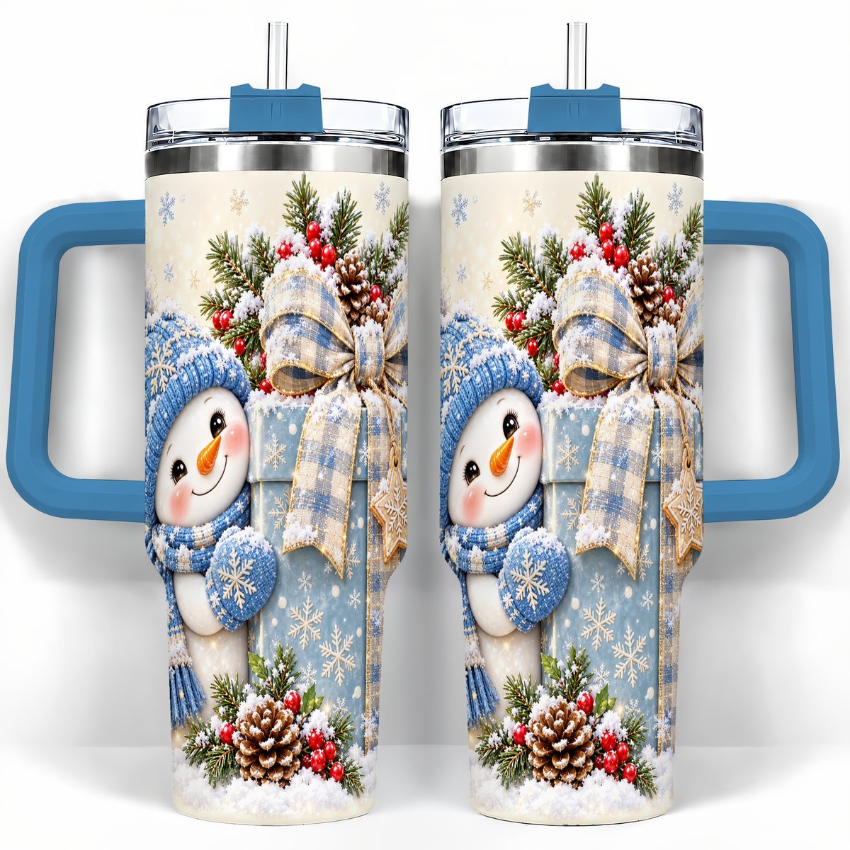 #pl[40oz|Blue] Christmas Snowman 40oz Tumbler with Handle, Holiday Cup for Women