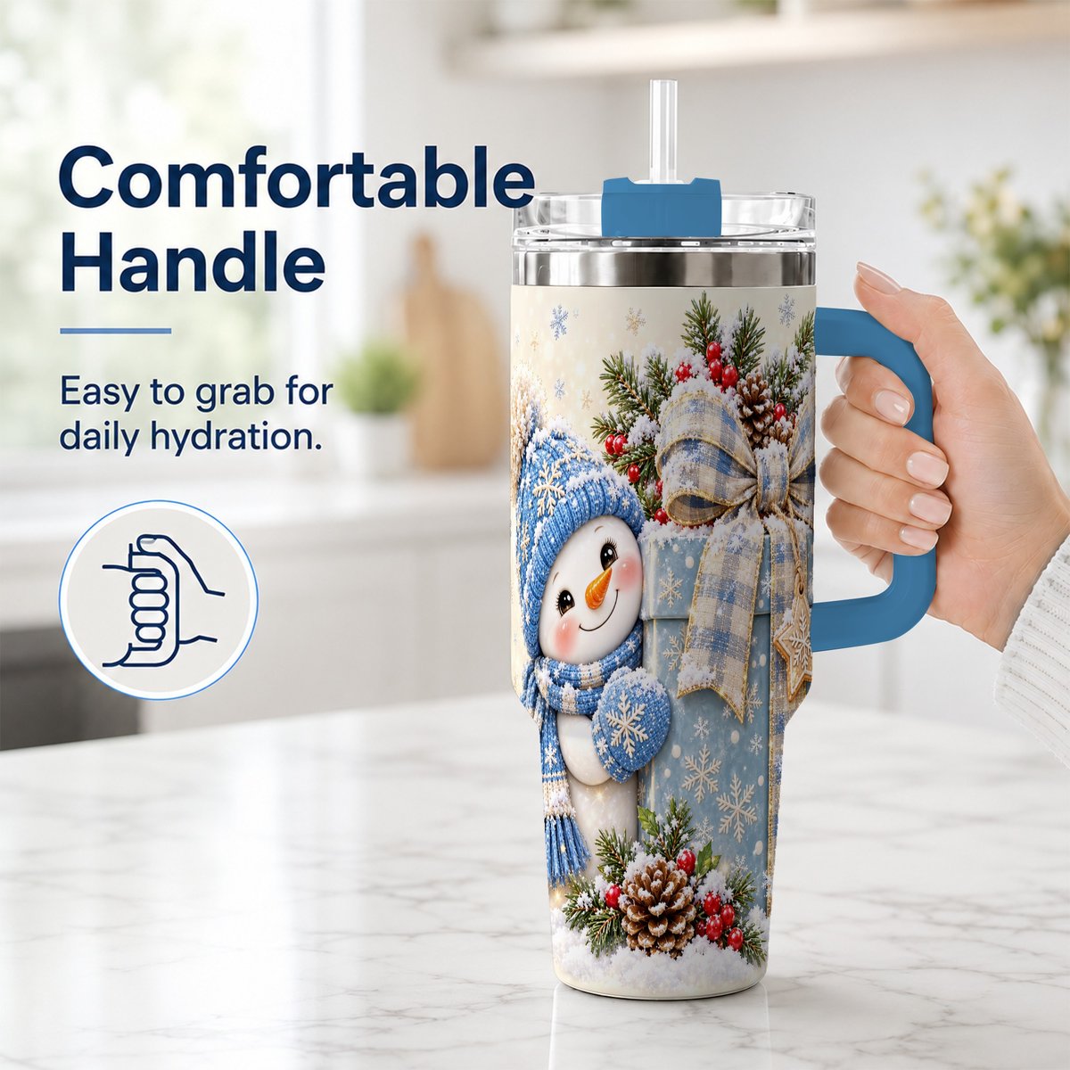 #pl[40oz|Blue] Christmas Snowman 40oz Tumbler with Handle, Holiday Cup for Women