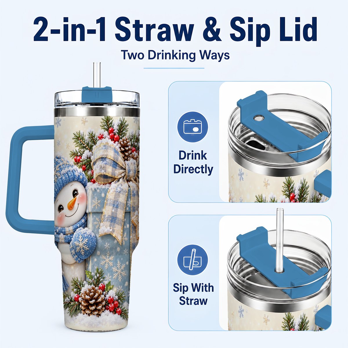 #pl[40oz|Blue] Christmas Snowman 40oz Tumbler with Handle, Holiday Cup for Women